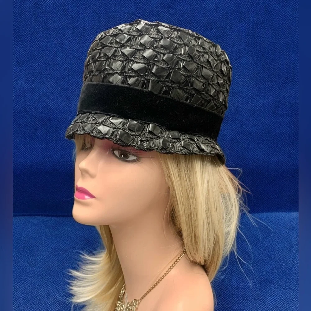 Vintage 50s Black Woven Cello Straw Derby Bucket Hat - Picture 5 of 9